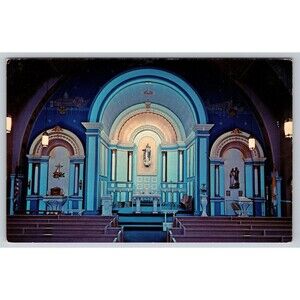Vtg Postcard Our Lady of Good Voyage Church Gloucester MA Altar Blue Interior